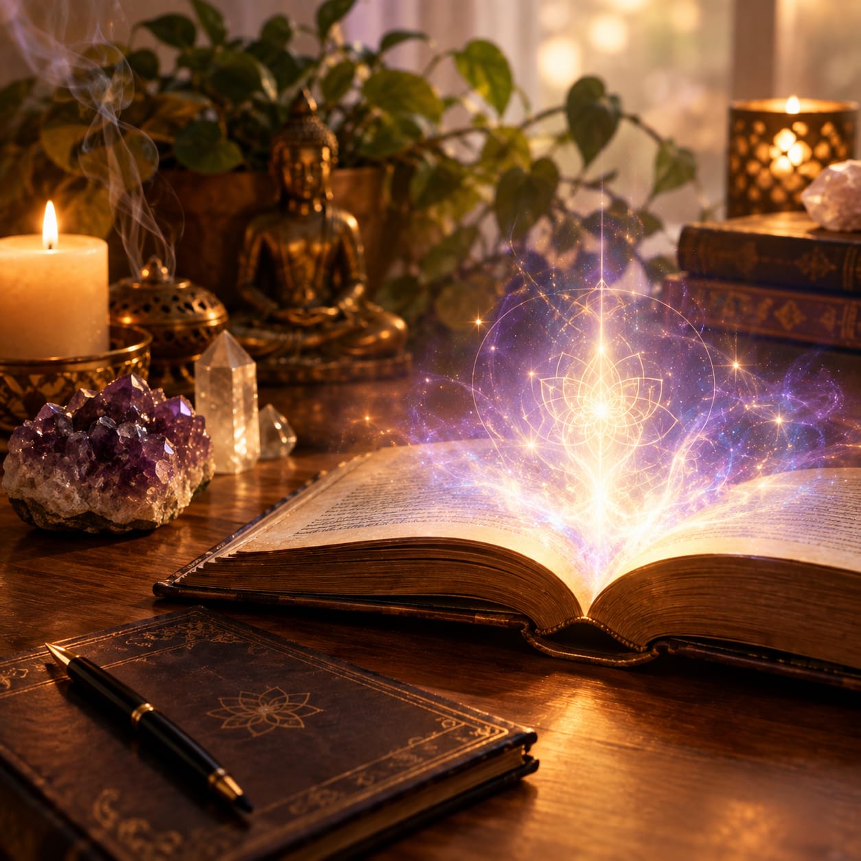 Home 2 Vela, cristales de cuarzo y un libro abierto del que surge una luz violeta