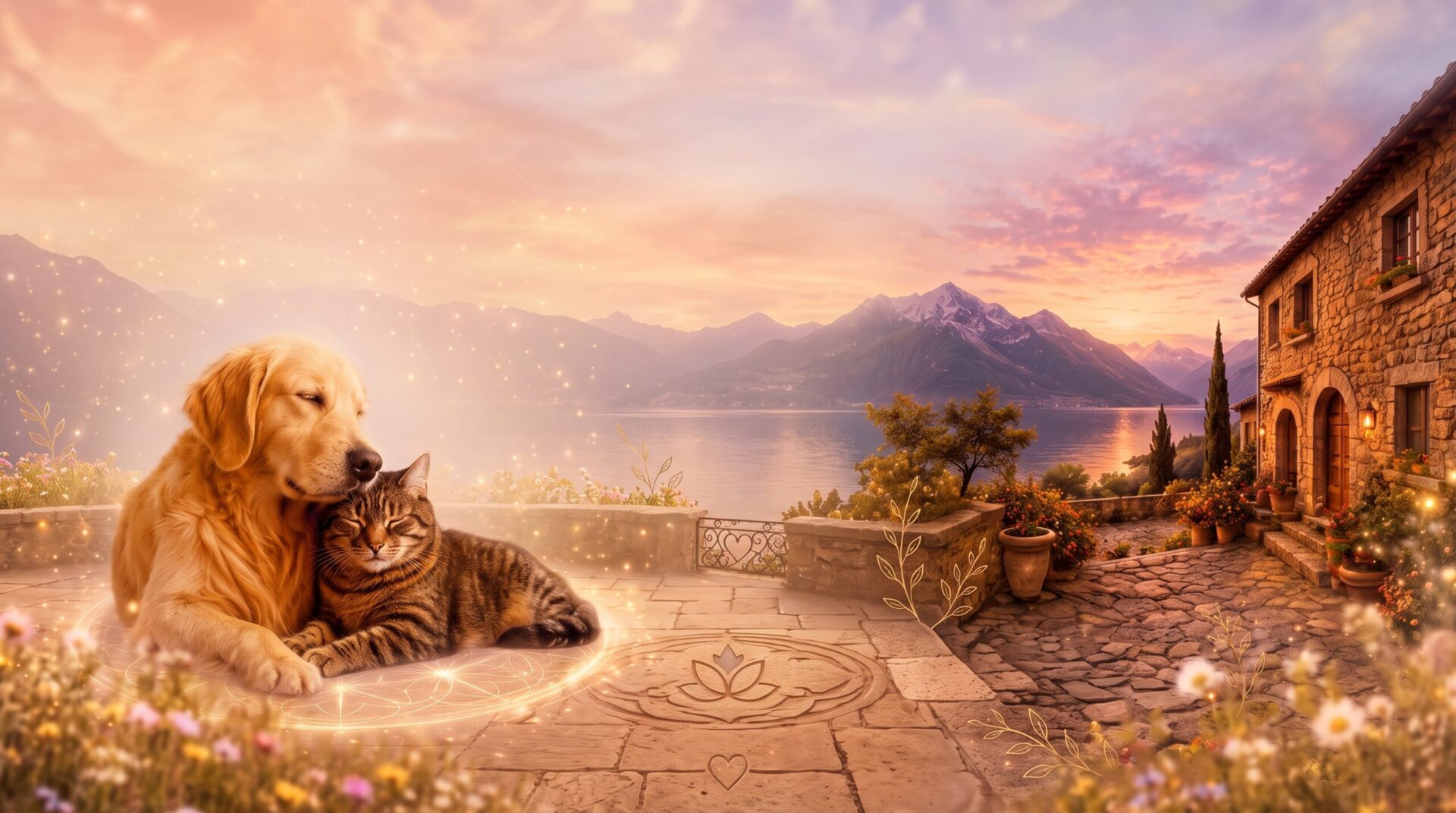 Home 4 Un perro y un gato abrazados en una terraza frente a un lago y montañas al atardecer